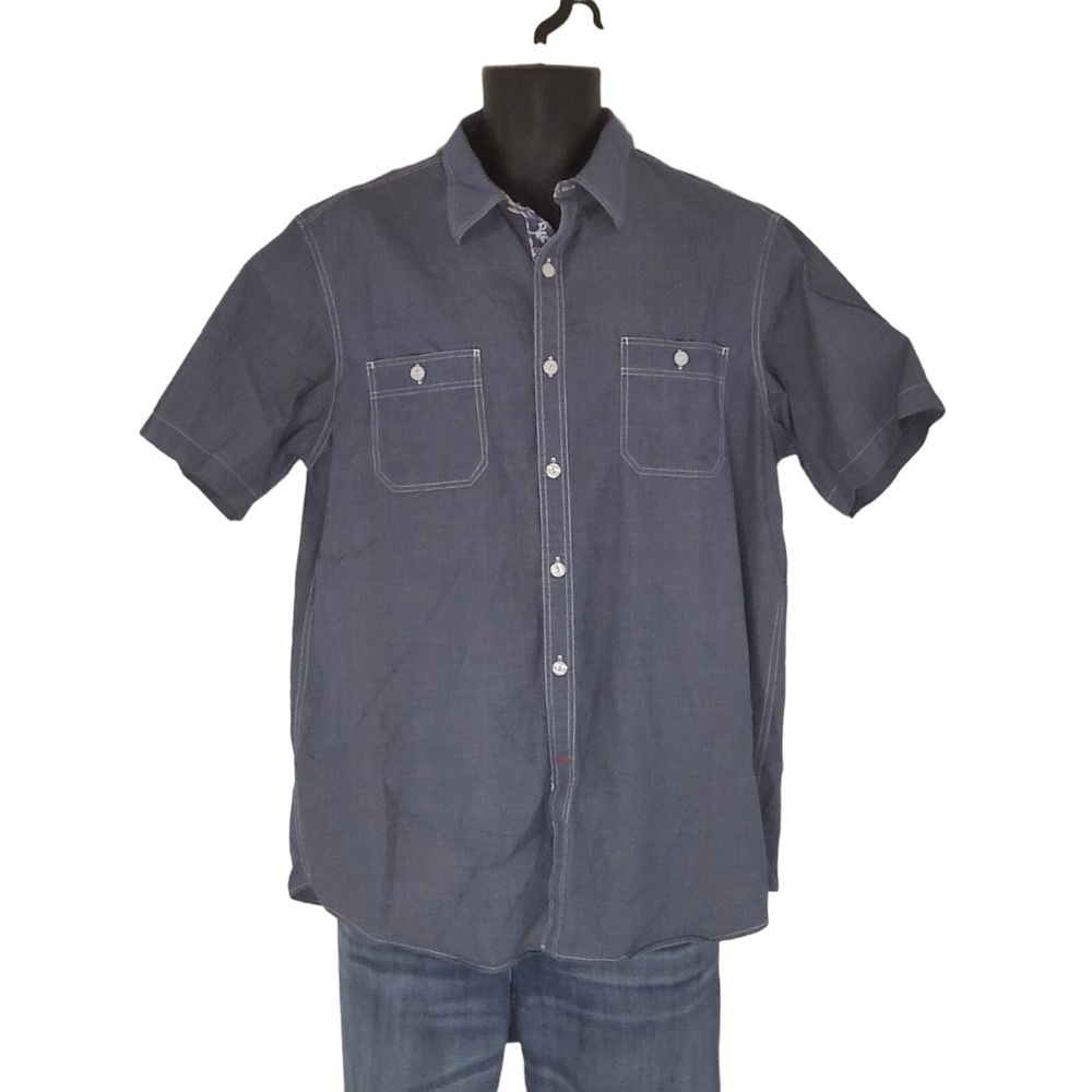 Cremieux Collection Button‎ Up Shirt Mens L Large Blue Short Sleeve Casual Top